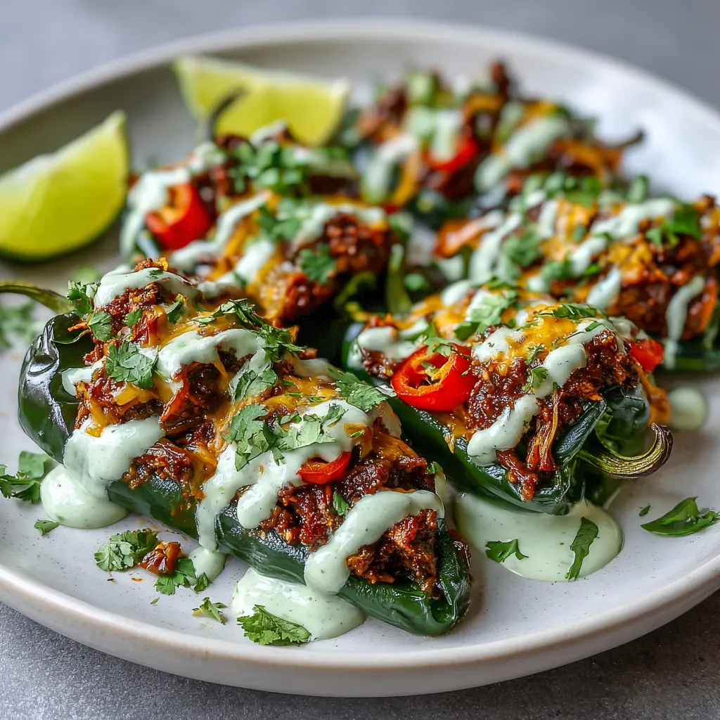 Stuffed Poblano Peppers with Avocado Crema